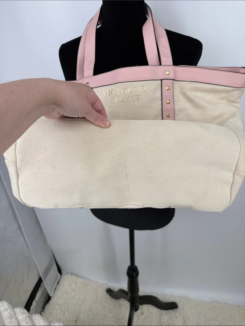 Victoria's Secret Cream Canvas Tote with Pink Trim & Studs
